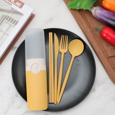 China 4pcs/set Viable Boxed Wheat Straw Material Tableware Set Knife Fork Spoon Chopsticks For Students And Office Workers for sale