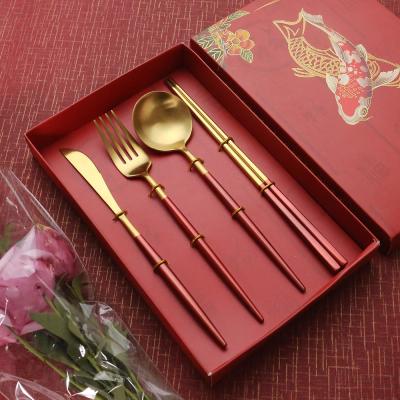 China Stocked Colorful 4Pcs Dinnerware Set Made in China Stainless Steel Cutlery Set Kitchen Mirror Gold Dinnerware Set Knife Fork Spoon Dinner for sale