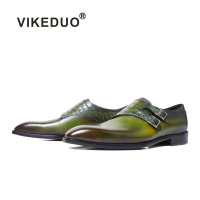 China Vikeduo Green Color Alligator Calfskin Leather Monks Durable Handcrafted Stylish Shoes Leather Casual Men's Crocodile Formal Shoes for sale