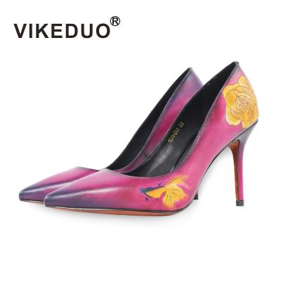 China Vikeduo Wedding Pattern Flower Durable Hand Made Painted Stiletto Shoes Rose Red 9 Cm Woman Shoes Heels For Modern Lady for sale