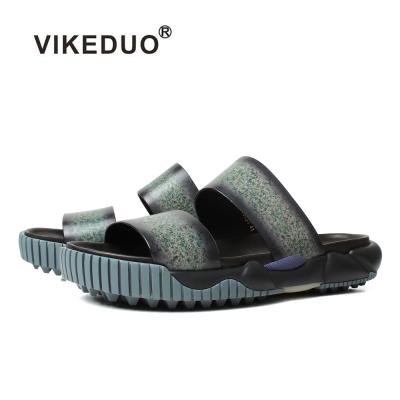 China Vikeduo Green Dotted Handcrafted Cowhide Leather Men's Breathable Color House Slides Sandal Mens Slippers Leather Shoes Best Sellers for sale