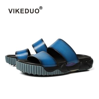 China Vikeduo Summer Casual Shoes Handcrafted Genuine Leather Blue Men's Breathable Slippers Slides Man Sandals Leather Trim Shoes for sale