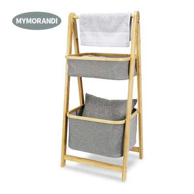 China Foldable High Quality Bamboo Storage Rack 2 Layers Laundry Hamper Baskets For Clothes Storage Racks And Racks for sale