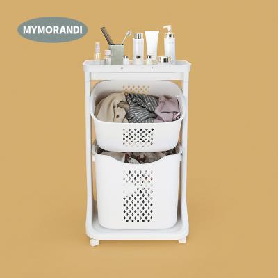 China Modern Plastic 2 Layers Bathroom Decor Storage Laundry Hamper With Wheels Plastic Dirty Clothes Hamper for sale