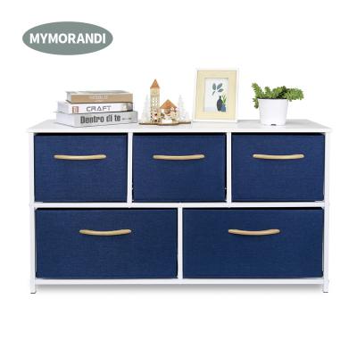 China Foldable 5 Drawer Steel Frame Dresser Storage Tower Cabinet Home Organizer With Handle Fabric Drawers Wooden Box for sale