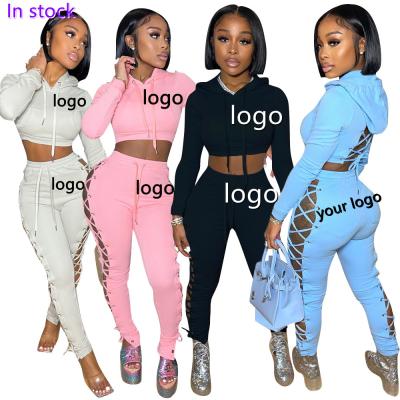 China High Quality Breathable Bandage Hoodie Set Pant Set Two Piece Jogger Set Tracksuit Sweat Suits Fall Winter Clothing For Women for sale