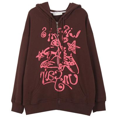 China Fashionable Graphic Print Casual Vintage Brown Graffiti Anti-pilling Loose Zipper Up Coat Women's Hoodies Set for sale