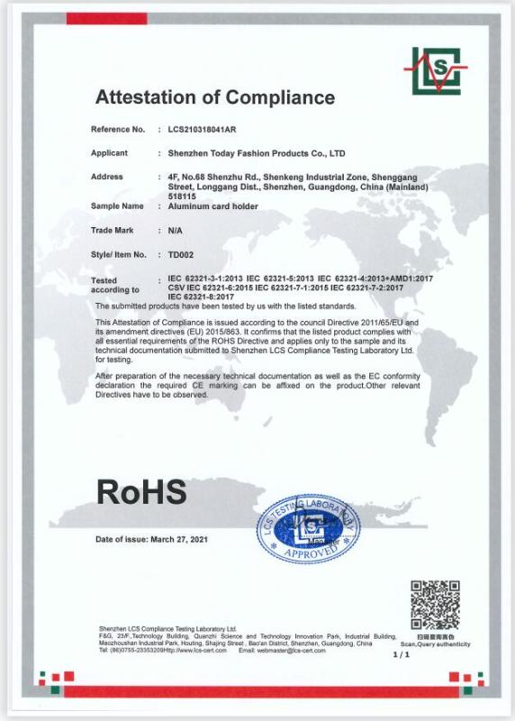 RoHS - Shenzhen Today Fashion Products Co., Ltd.