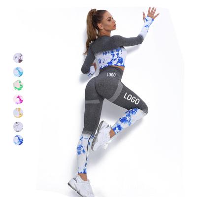 China Sustainable Custom Yoga Sets Tie Dye Long Sleeve Yoga Wear Women's High Waist Sports Pants To Suit Seamless Quick Dry Fitness Set for sale