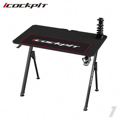 China Icockpit Expandable Hot Sale Gamer Gaming Desk Metal Legs Computer Specific Used PC Packing Gaming Desks Table With Earphone Hook for sale