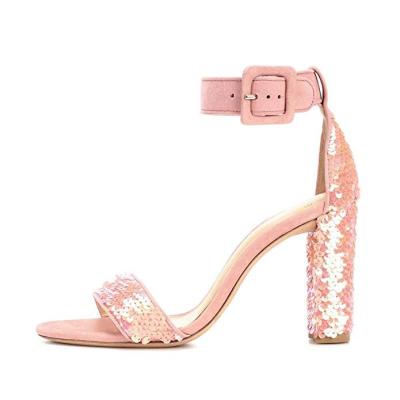 China Beautiful Fashion Buckle Anti-slippery Heel In Pink Glitter Design Women's Brand New High Heel Sandals for sale