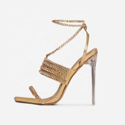 China ODM/OEM Anti-slippery women lace up metal chain high heel fashion sexy sandals custom diamonds shoes for sale