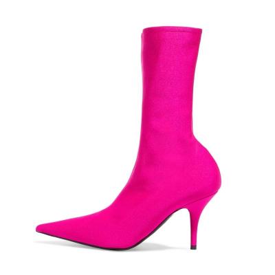 China Anti-odor Smooth Pointed Toe Low Thin Heel Lycra Lycra Sock Woman Boot for sale