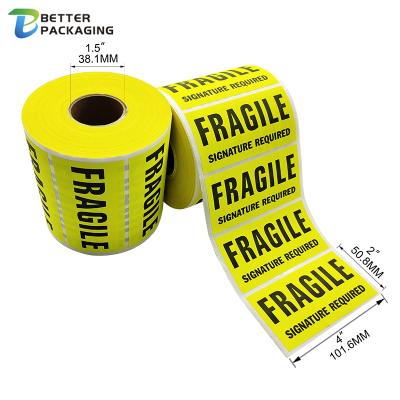 China Strong Adhesive Custom Fragil Flags Handle With Care Glass Roll Printed Around Warning Yellow Pink Shipping Fragile Cardboard Tape Stickers for sale