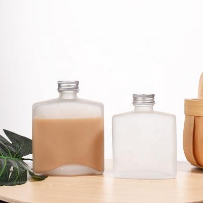 China Beverage Ru Star New Style Clear Matte Square Shape Milk Tea Soda Glass Bottle Containers With Metal Lids for sale