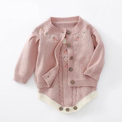 China 2023 Newest 100% Cotton Spring and Autumn Children Baby Girl Knitted Embroidered Twist Sweater Coat + Romper Creeper Costume Set Winter for sale