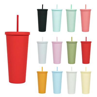 China Stocked New style 24oz reusable water cup double wall skinny plastic tumbler with lids and straw for sale