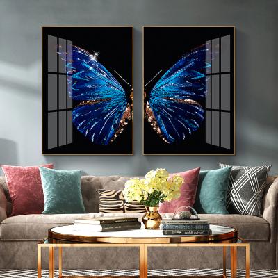 China Real Beautiful Porcelain Modern Wholesale Crystal Blue Butterfly Glass Wall Art Frame Acrylic Painting For Room Luxury Decoration for sale