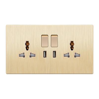 China New Handy Tin Phosphor Bronze 2022 Multifunction+double 2usb Panel Electronic Wall Switch Gold Brushed Socket for sale