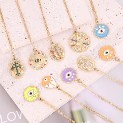 China New Trendy Zircon Cross Pendant Necklace Stainless Steel Oil Drop Jewelry Colorful Eye Geometric Necklace for sale