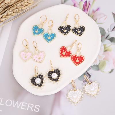 China New Fashion Jewelry Crown Drop Earrings TRENDY Diamond Pearl Love Heart Shaped Earrings Gold Drop Earrings for sale