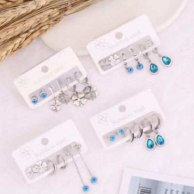 China New Fashion Punk Jewelry Trendy Water Drop Zircon Eye Earring Set Personalized Long Tassel Stainless Steel Stud Earrings for sale