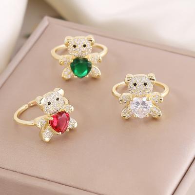 China Gold Plated Bear Ring Light Luxury Crystal Adjustable Ring Women Micro-inlaid Copper Zircon Love Heart Fashion TRENDY for sale