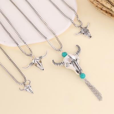 China Simple Vintage Fashion Jewelry Bull Head Pendant Necklace Temperament Pine Stone Silver Necklace For Women Gift for sale