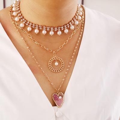 China FASHIONABLE Rhinestone Necklace Heart Shaped Multilayer Pearl Necklace Women for sale