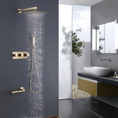 China Gold Bathroom Shower Faucets Overhead Hot And Cold Water Free Slide Bar Concealed Wall Shower Set Spout for sale