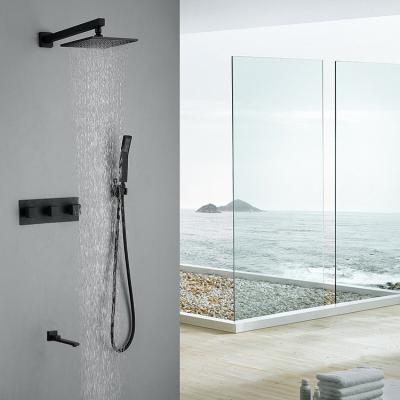 China Without Slide Bar Rainfall Shower Luxury Shower Faucet System Concealed Bath Full Copper Shower Set Matte Black for sale