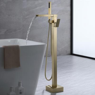 China Modern Tub Faucet Floor Mounted Waterfall Spout Slide Bar Bathtub Faucet Brushed Gold With Shower for sale