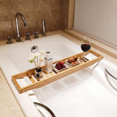 China Stored Bamboo Cart Bathtub Seat Tray Book Holder Rack Wine Holder Bath Tub Trolley Tray for sale