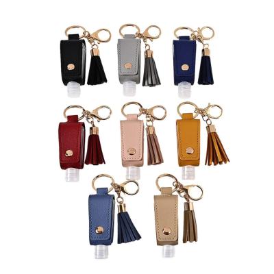 China Travel PU Liquid Hand Sanitizer Gel Viable Leather Empty Pouch Bottle Holder EDC Key Chain for sale