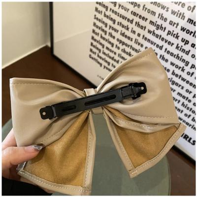 China Hairwear PU Leather Big Oversized Hair Bows Back Bowknot Hairpin Head Ponytail Clips Top French Snap Barrettes for sale