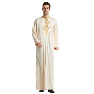 China Stand Collar Embroidered Faux Silk Robe Sleeve Arabic Muslim Casual Islamic Plus Size Thawb Design New Long Kaftan Thobe 2 Piece Set For Men for sale