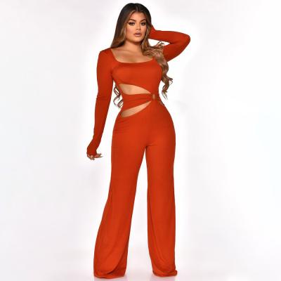 China Anti-pilling Women's Casual Long Sleeve Belted Wide Leg Panty Romper Tracksuit Plus Size Solid Color Waistless Jumpsuit For Female for sale