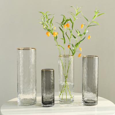 China New Arrival Customized Mini Size Gray Cylinder Glass Crystal Smoky And Transparent Vase Home Decoration for sale