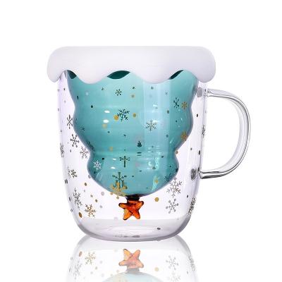 China 250ML Borosilicate Glass Viable Christmas Gifts Mugs, Double Wall Glass Christmas Tree Design Drinks Cups for sale