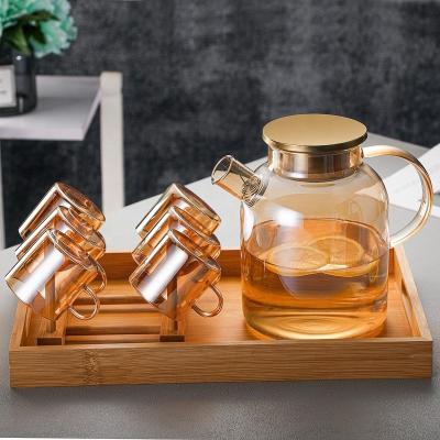 China Sustainable 1.8L Amber Glass Cold Kettle Heat Resistant Borosilicate Drinkware Colored Amber and Gray Glass Water Jug with Water Cups for sale