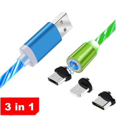 China Convenient LED Light Magnet Overflowing Charging Cable for iPhone/Type C/Micro 3 in 1 USB Cable Magnetic Charging Lightweight Cable for sale