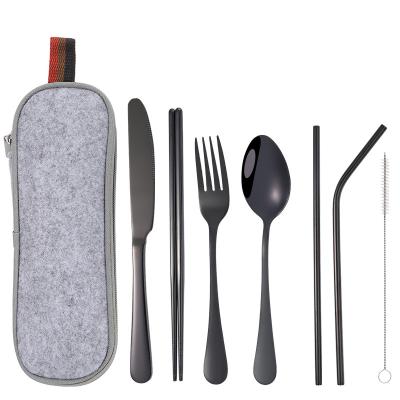 China Stainless Steel 7pcs Portable Camping Cutlery Travel Knife Fork Spoon Chopsticks Straws Viable Flatware Cleaning Brush Set With Case for sale