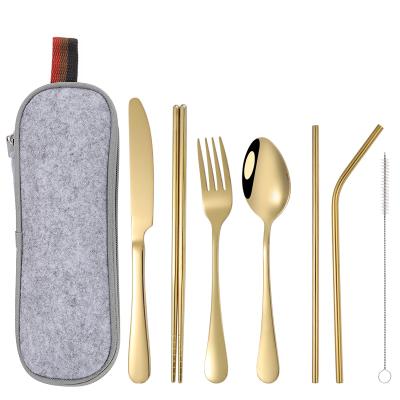 China Sustainable Hot Selling Picnic 8 Pieces Stainless Steel Flatware Set Gold Reusable Travel Camping Cutlery Set With Case for sale