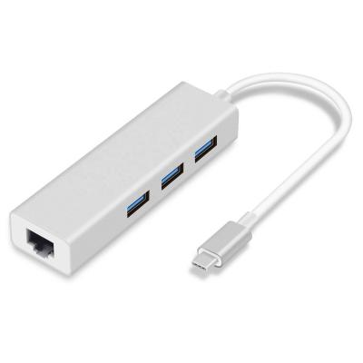 China Tablet PC/Computer PENPOS Type C to 1000M Ethernet RJ45 LAN Adapter with 3 Port USB Hub Charging Type C for sale