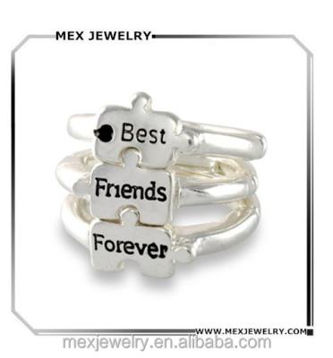 China Lead and Nickel Free Custom 3 Best Friends Forever Puzzle Piece Tone Friendship Stretch Ring Set Silver for sale