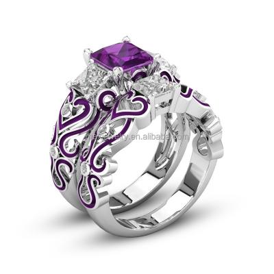 China Lead and Nickel Silver Amethyst Stone Purple Promise Engraved Birthstone Heart Slot Band Couples Ring Hotsale for sale