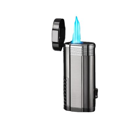 China Strong Windproof Gas Lighter Cigar Cigarette Lighter Three Lights Torch Lighter With Cigar Cutter for sale