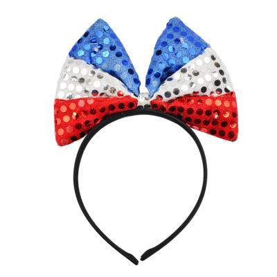 China Wholesale Party Sequin Bow Polyester Headband Independence Day Headband Patriotic Bows for sale