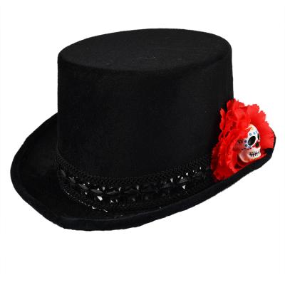 China Wholesale Image Haiwin Party Day Of The Dead Adults Black Top Hat With Rose for sale