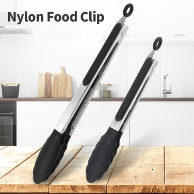 China Viable Reusable Cooking Nylon Food Tong Kitchen Clip Barbecue Food BBQ Tool Handle Stainless Steel Clip for sale